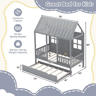 Gymax House Bed with Trundle Fence Decor Wooden Windows Tall Roof