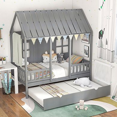 Gymax House Bed with Trundle Fence Decor Wooden Windows Tall Roof