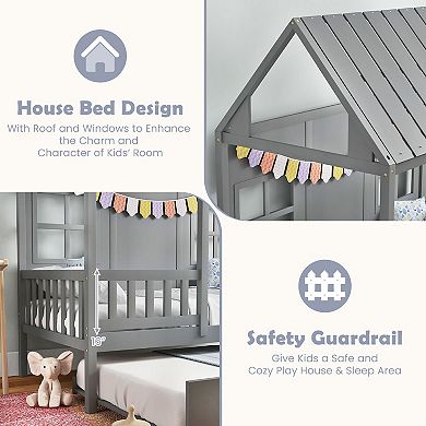 Gymax House Bed with Trundle Fence Decor Wooden Windows Tall Roof
