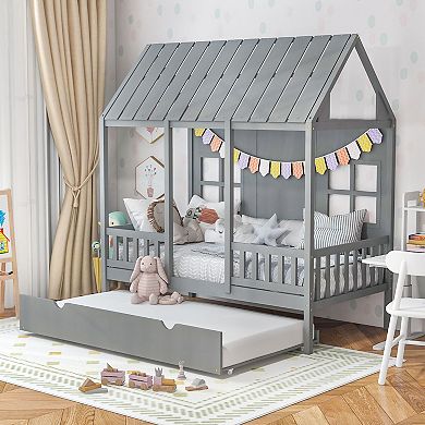 Gymax House Bed with Trundle Fence Decor Wooden Windows Tall Roof