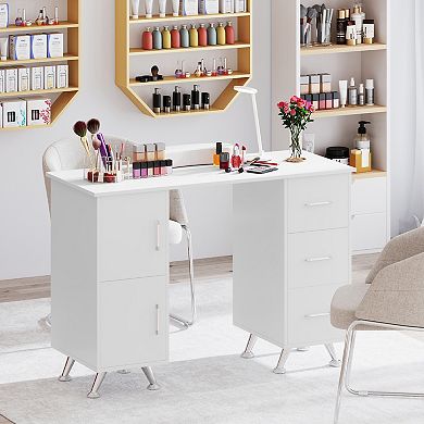 Gymax Manicure Table Nail Desk w/ Drawers Wrist Rest Metal Legs Nail Tech Station