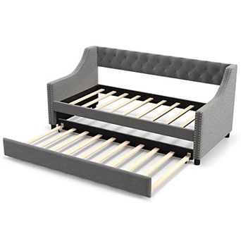 Gymax Daybed w/ Trundle wingback Armrests & Button Tufted Backrest