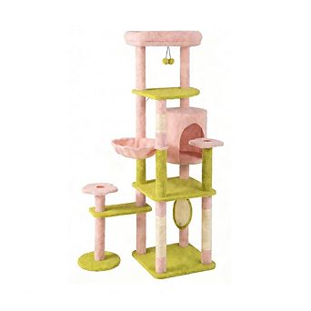 Gymax Plush Cat Tree Floral Climbing Tree Multi-level Cat Tower w/ Round Basket