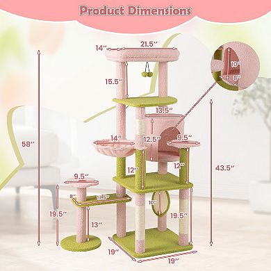 Gymax Plush Cat Tree Floral Climbing Tree Multi-level Cat Tower w/ Round Basket