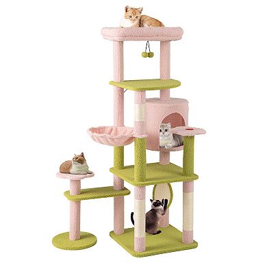 Gymax Plush Cat Tree Floral Climbing Tree Multi-level Cat Tower w/ Round Basket