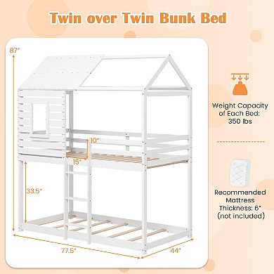Gymax House Bunk Bed Low-to-ground Bed Frame w/ Roof Solid Wood Bed