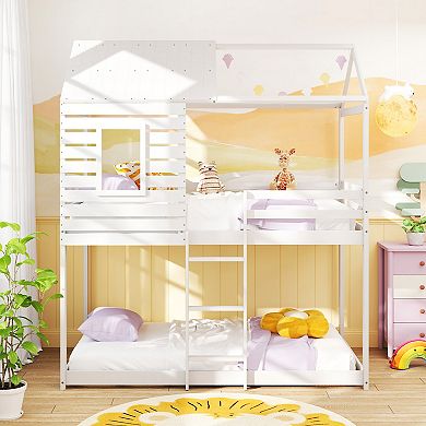 Gymax House Bunk Bed Low-to-ground Bed Frame w/ Roof Solid Wood Bed