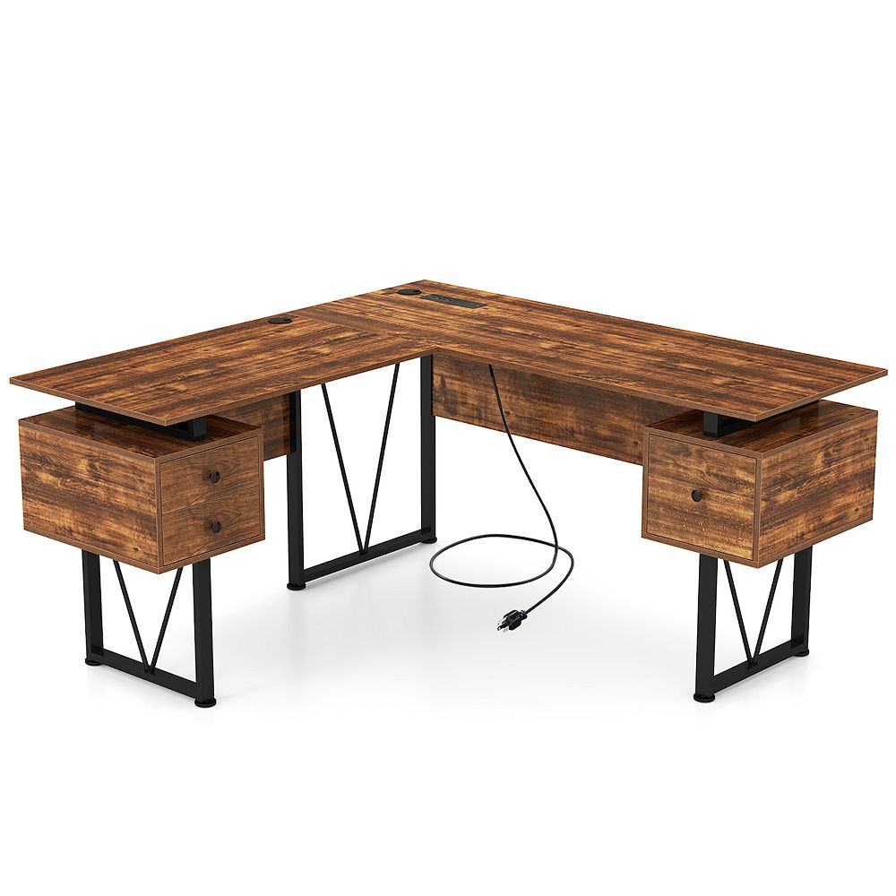 Gymax 59'' L-shaped Computer Desk w/ Charging Station Corner Desk ...