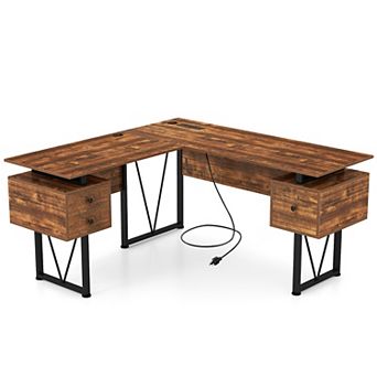 Gymax 59'' L-shaped Computer Desk w/ Charging Station Corner Desk Sturdy Metal Frame