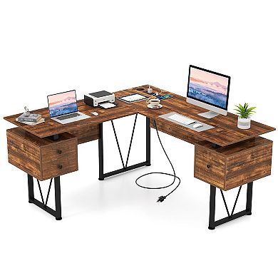 Gymax 59'' L-shaped Computer Desk w/ Charging Station Corner Desk Sturdy Metal Frame
