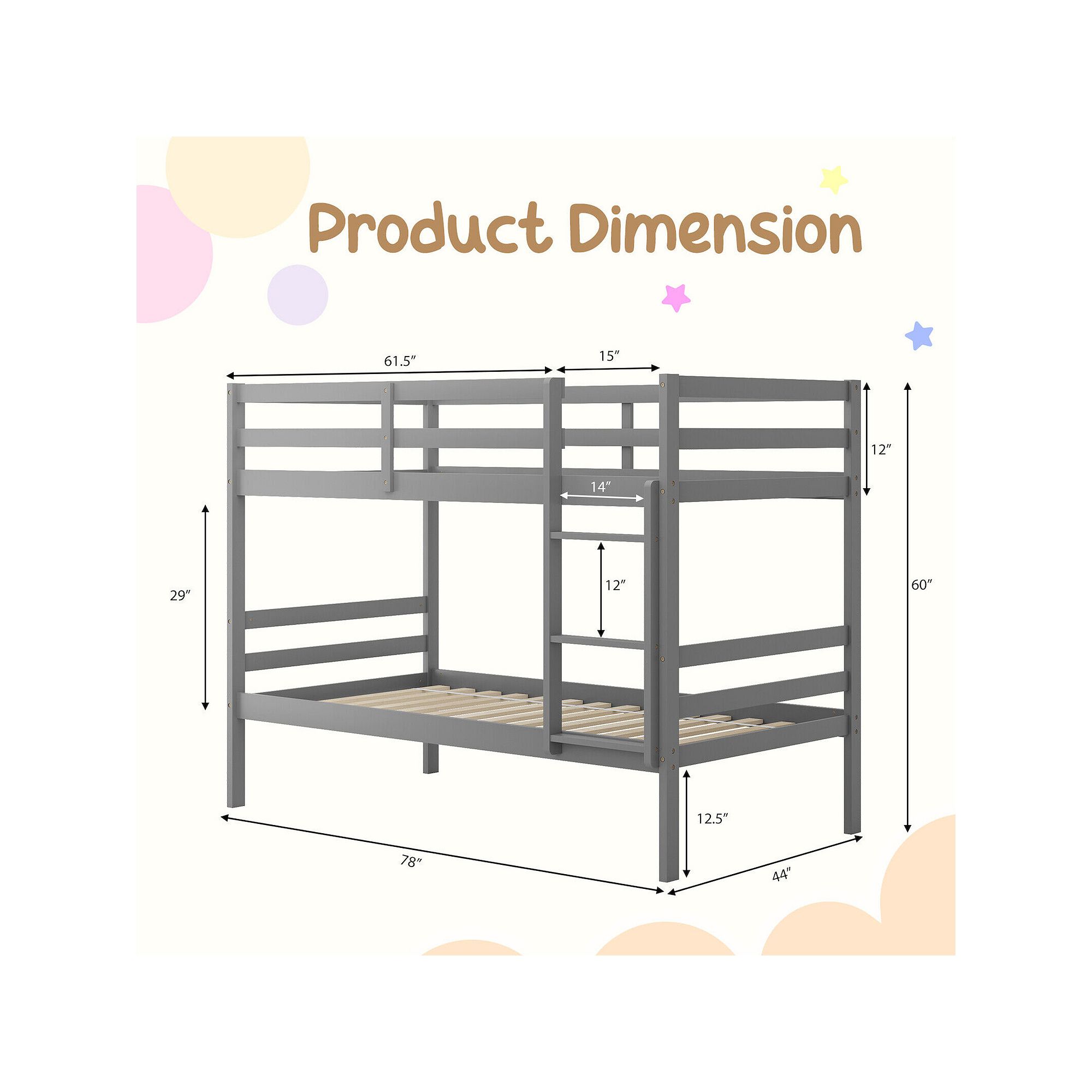 Product dimension diagram for gray wood bunk bed