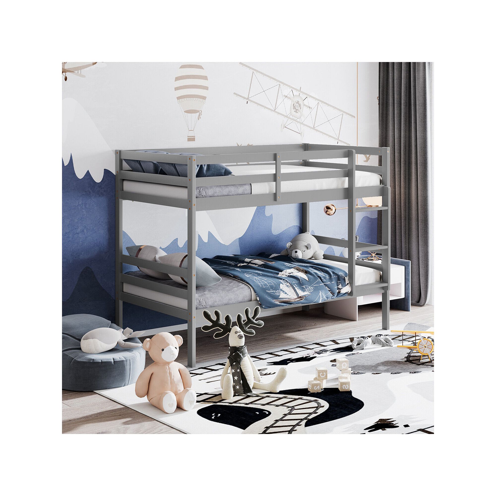 Gray bunk bed with ladder and safety rails shown in a playroom
