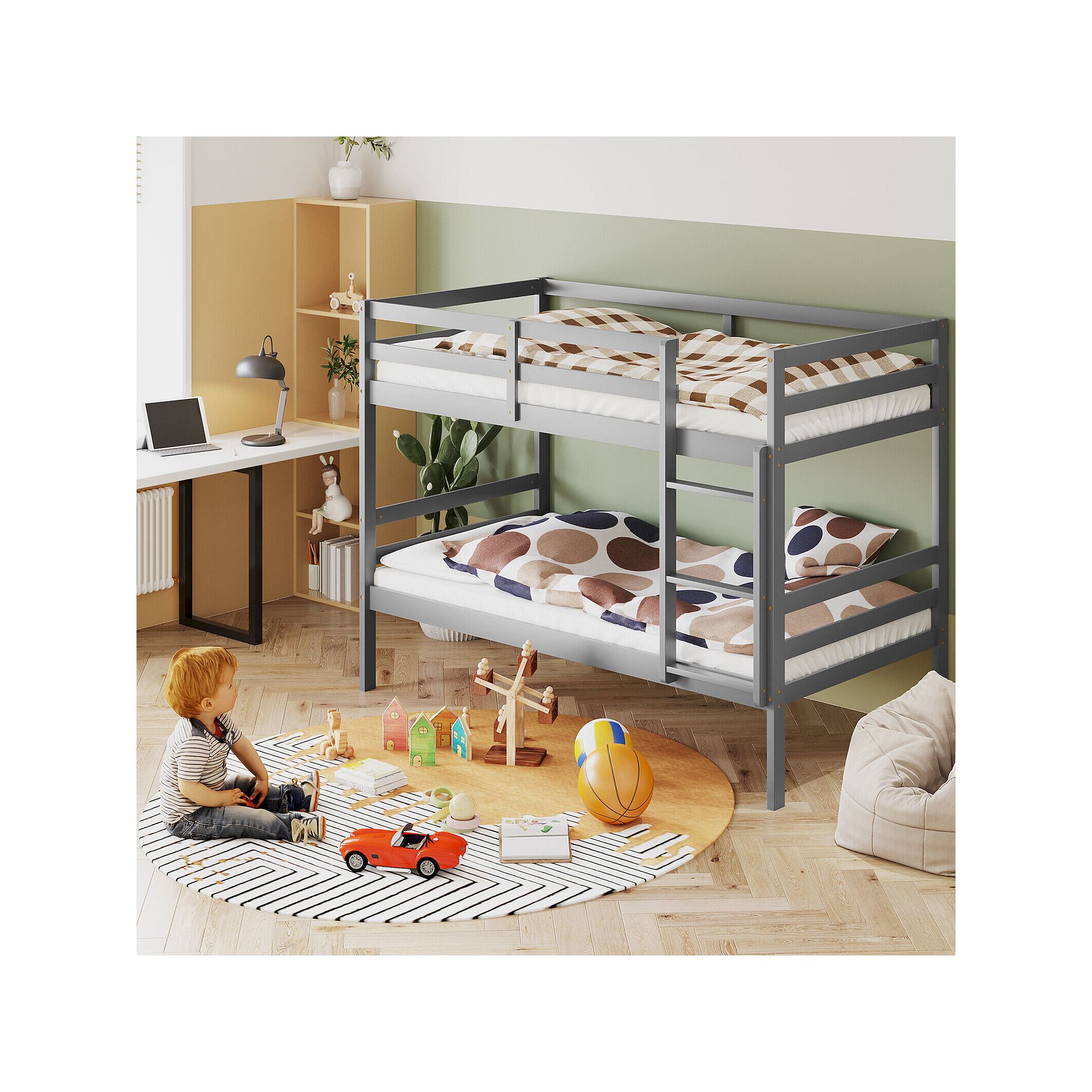 Gray wood bunk bed with ladder and safety rails in a living room