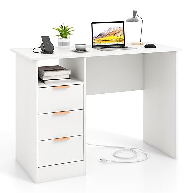 Gymax 42.5'' Home Office Desk w/ Power Outlet 3 Storage Drawers & Open Compartment