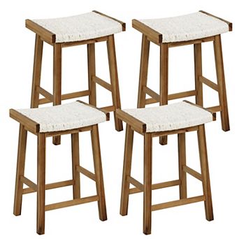 Gymax Set of 4 Saddle Bar Stools Counter Height Dining Stools w/ Seaweed Woven Seat
