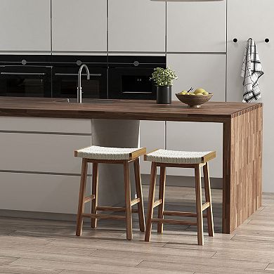 Gymax Set of 4 Saddle Bar Stools Counter Height Dining Stools w/ Seaweed Woven Seat