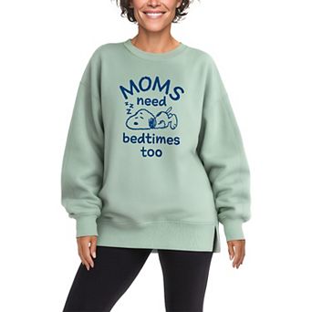 Women's Peanuts Snoopy Moms Need Bedtimes Too Oversized Fleece Crew Sweatshirt