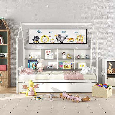 Gymax House Daybed with Trundle Wooden Bed 8 Storage Shelf Compartments