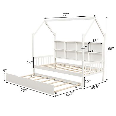 Gymax House Daybed with Trundle Wooden Bed 8 Storage Shelf Compartments