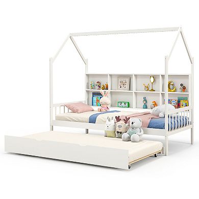 Gymax House Daybed with Trundle Wooden Bed 8 Storage Shelf Compartments