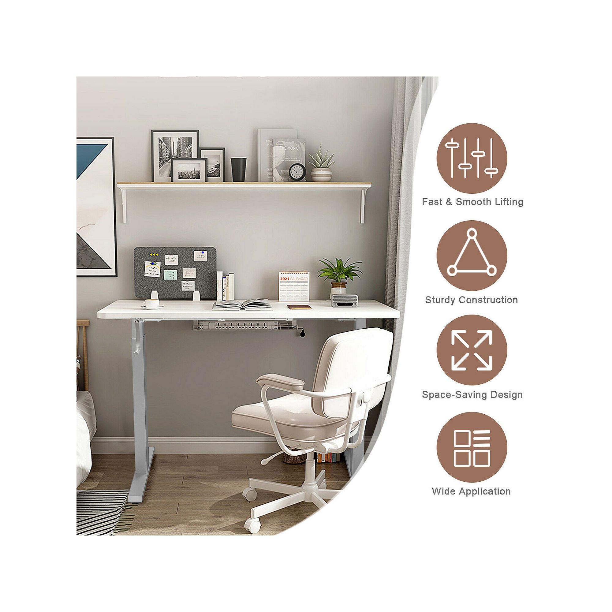 Grey sit-to-stand desk frame features graphic: fast lifting and sturdy construction