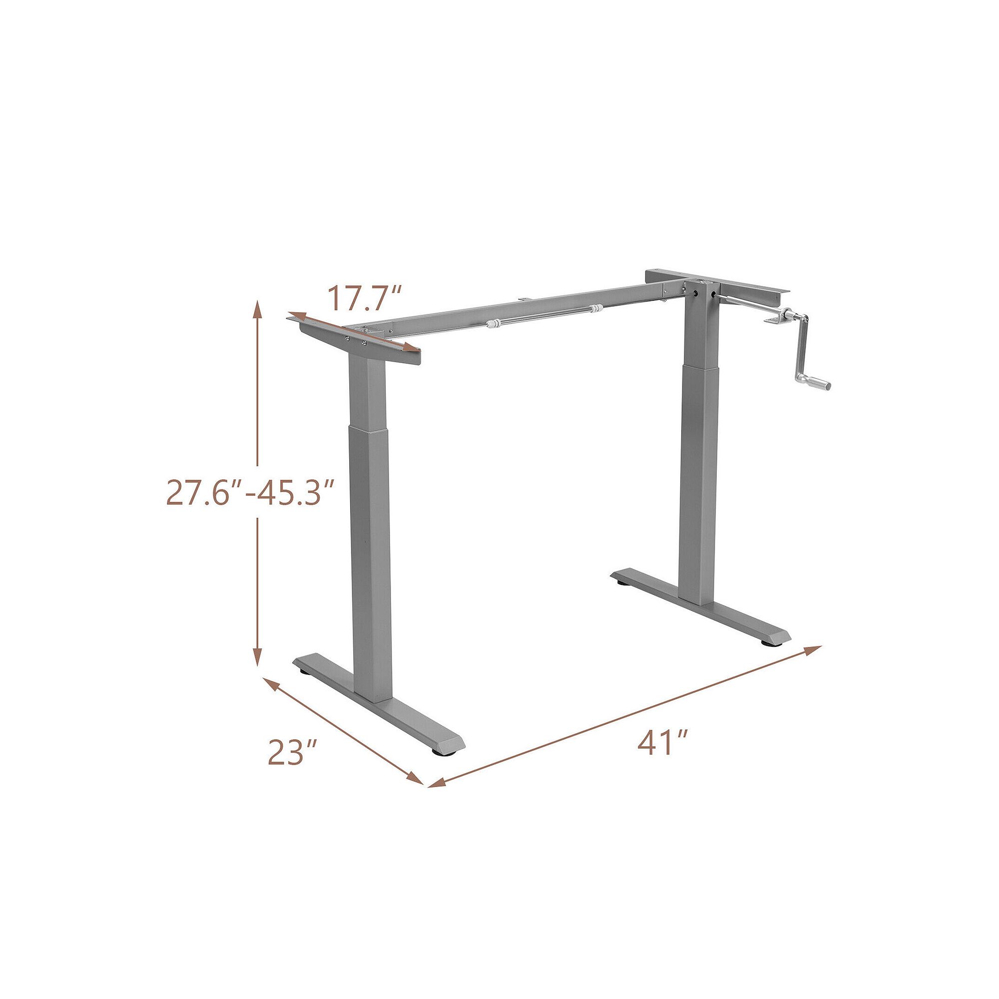 Grey hand-crank sit-to-stand desk frame dimensions diagram