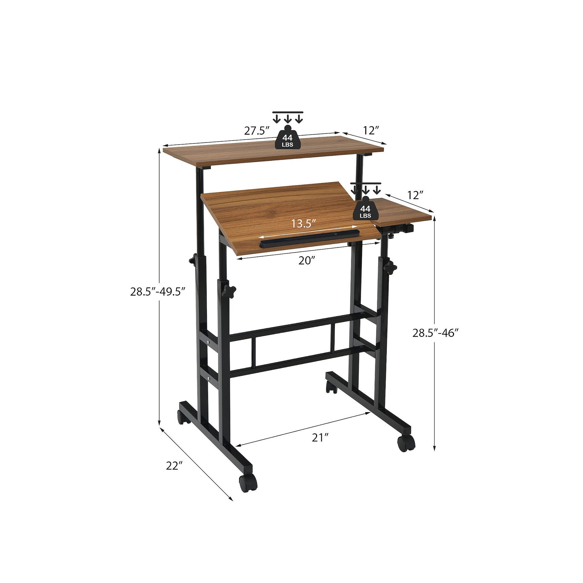 Diagram showing dimensions and weight capacity of adjustable tilting mobile desk
