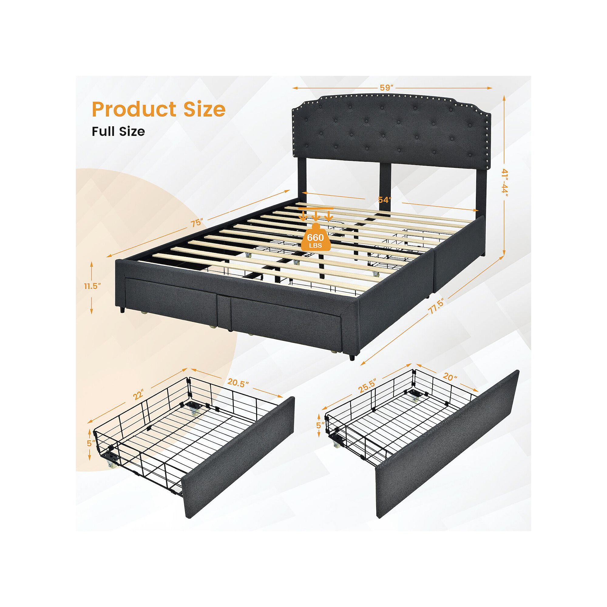 Full-size black platform bed frame dimensions with storage drawers