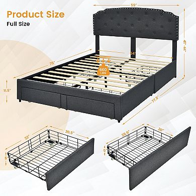 Gymax Platform Bed Frame with 4 Storage Drawers Adjustable Headboard