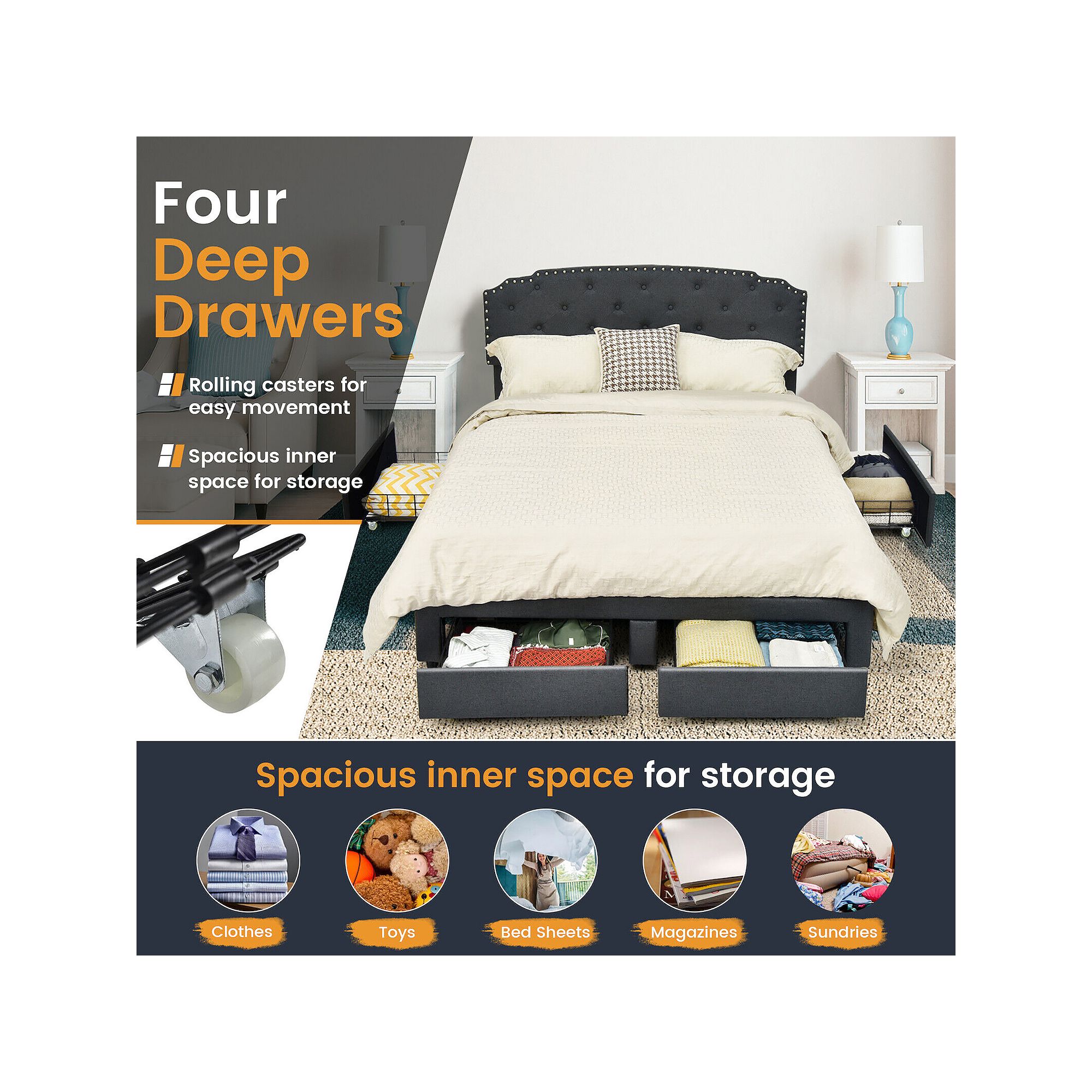 Black platform bed frame with four deep storage drawers storage features