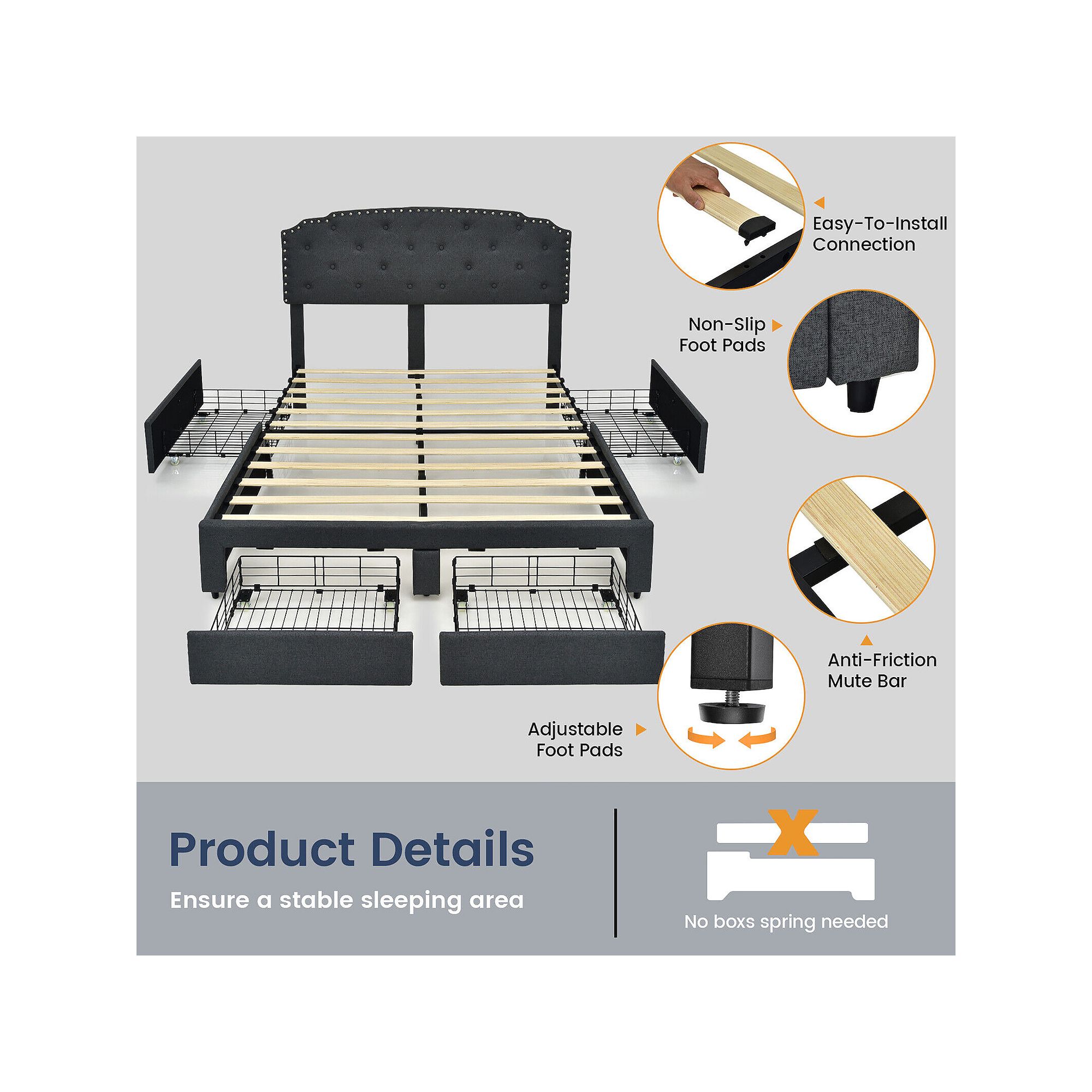 Black platform bed frame with adjustable headboard and anti-friction mute bar