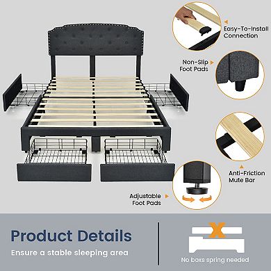 Gymax Platform Bed Frame with 4 Storage Drawers Adjustable Headboard