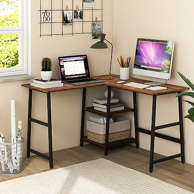 Gymax L Shaped Corner Computer Desk Study Table w/Storage Shelves Rustic Brown