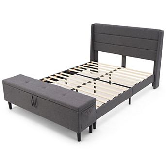 Gymax Upholstered Platform Bed Frame w/ Storage Ottoman Slats Support
