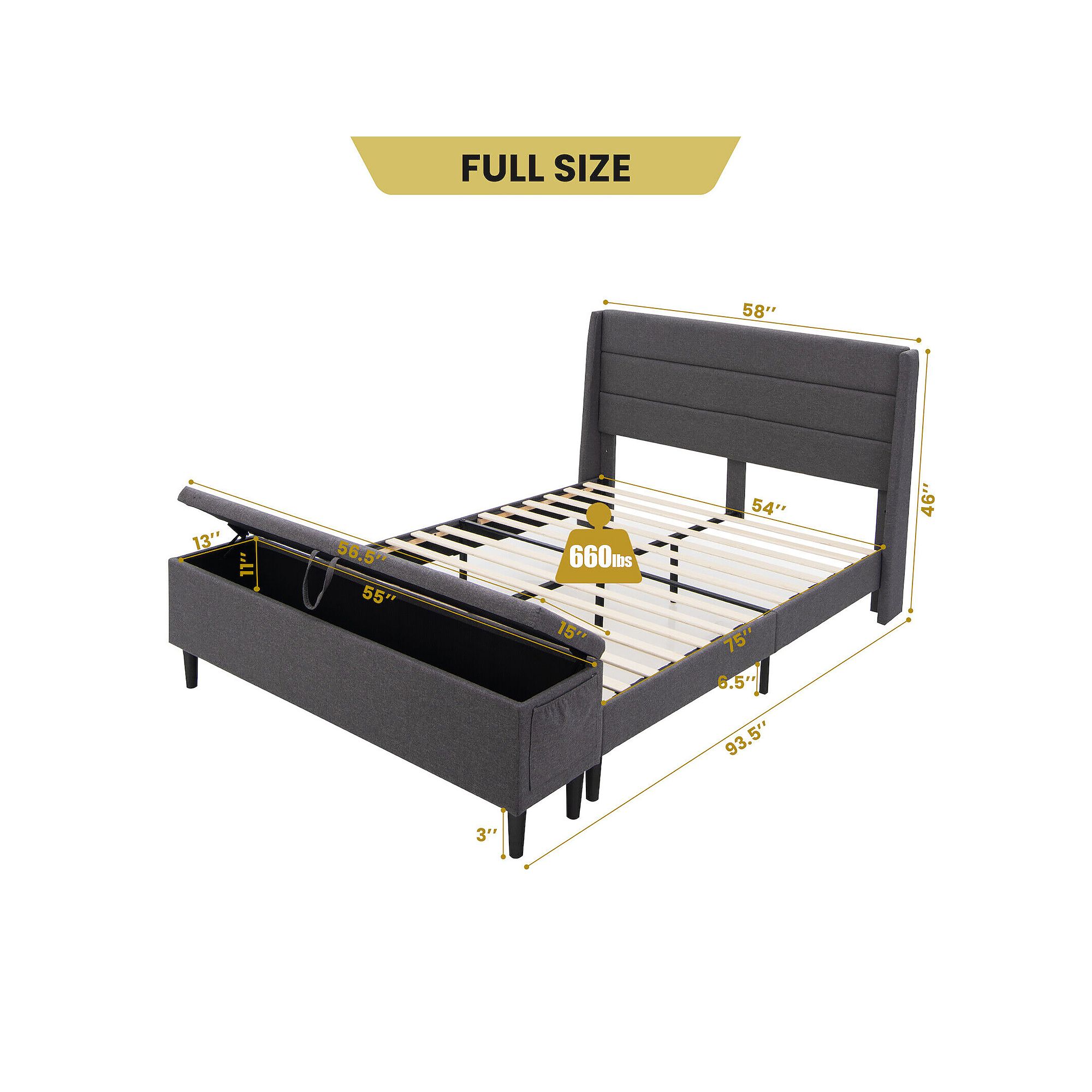 Full-size dimensions diagram for dark gray upholstered platform bed frame with storage ottoman