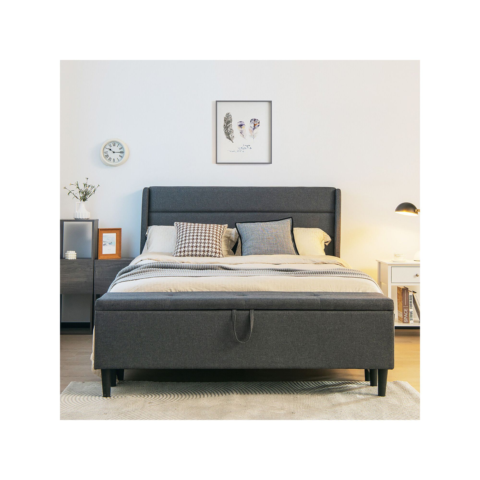 Dark gray upholstered platform bed frame with storage ottoman and tall headboard