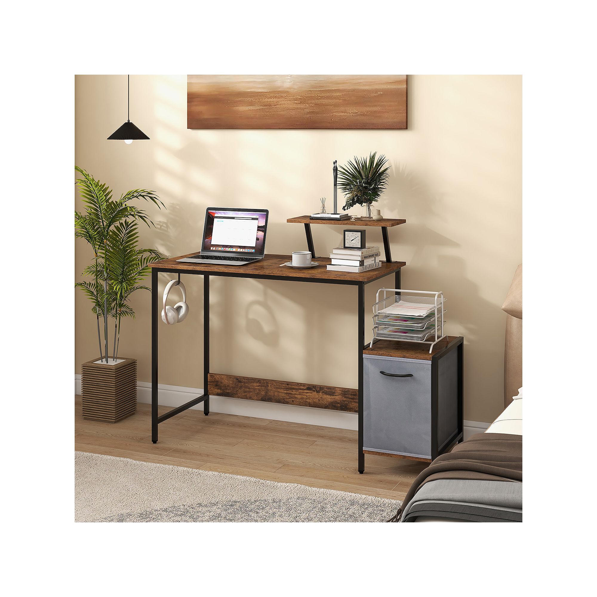 Office computer desk with charging station and reversible gray fabric drawer