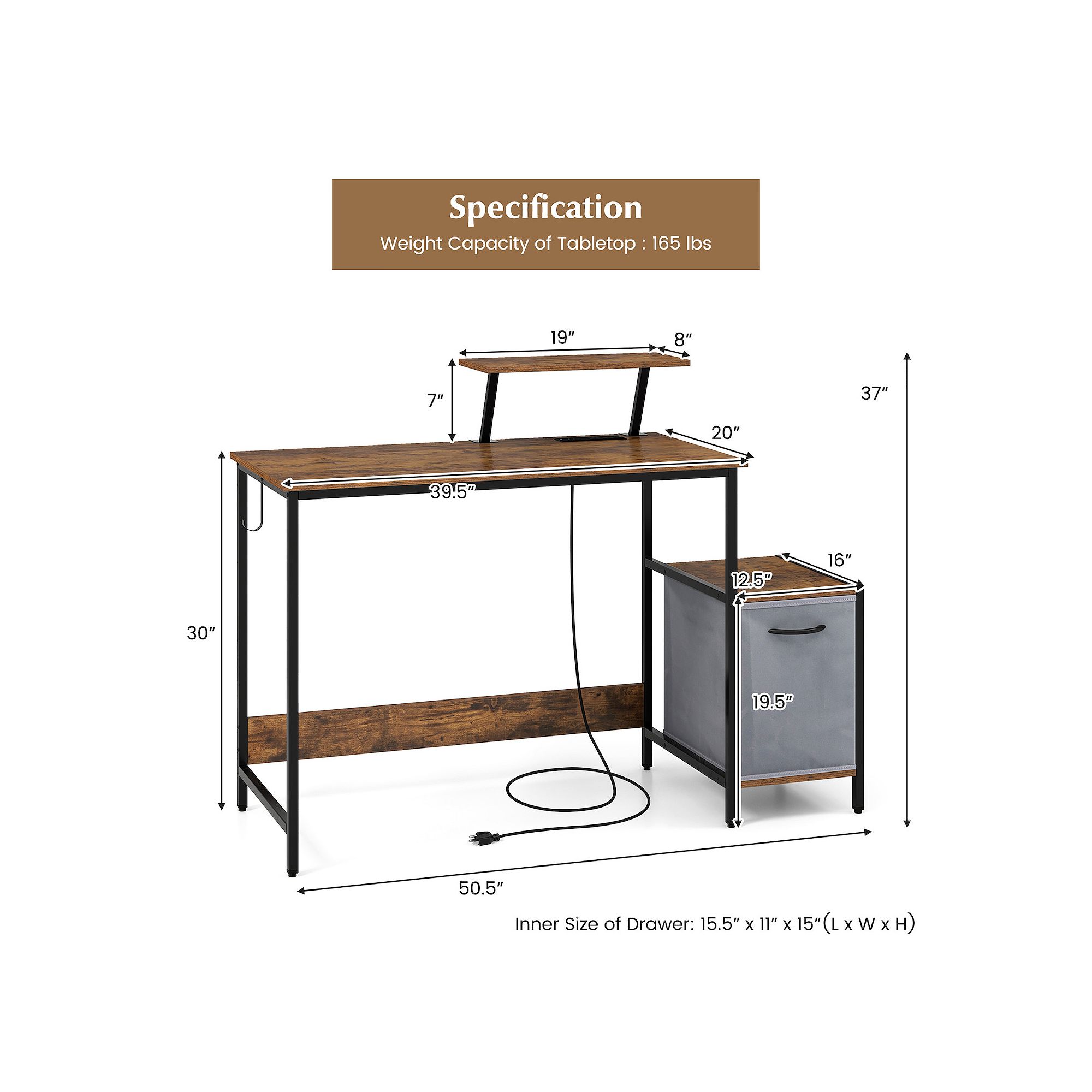 Desk dimensions diagram for Gymax computer desk with charging station and reversible drawer