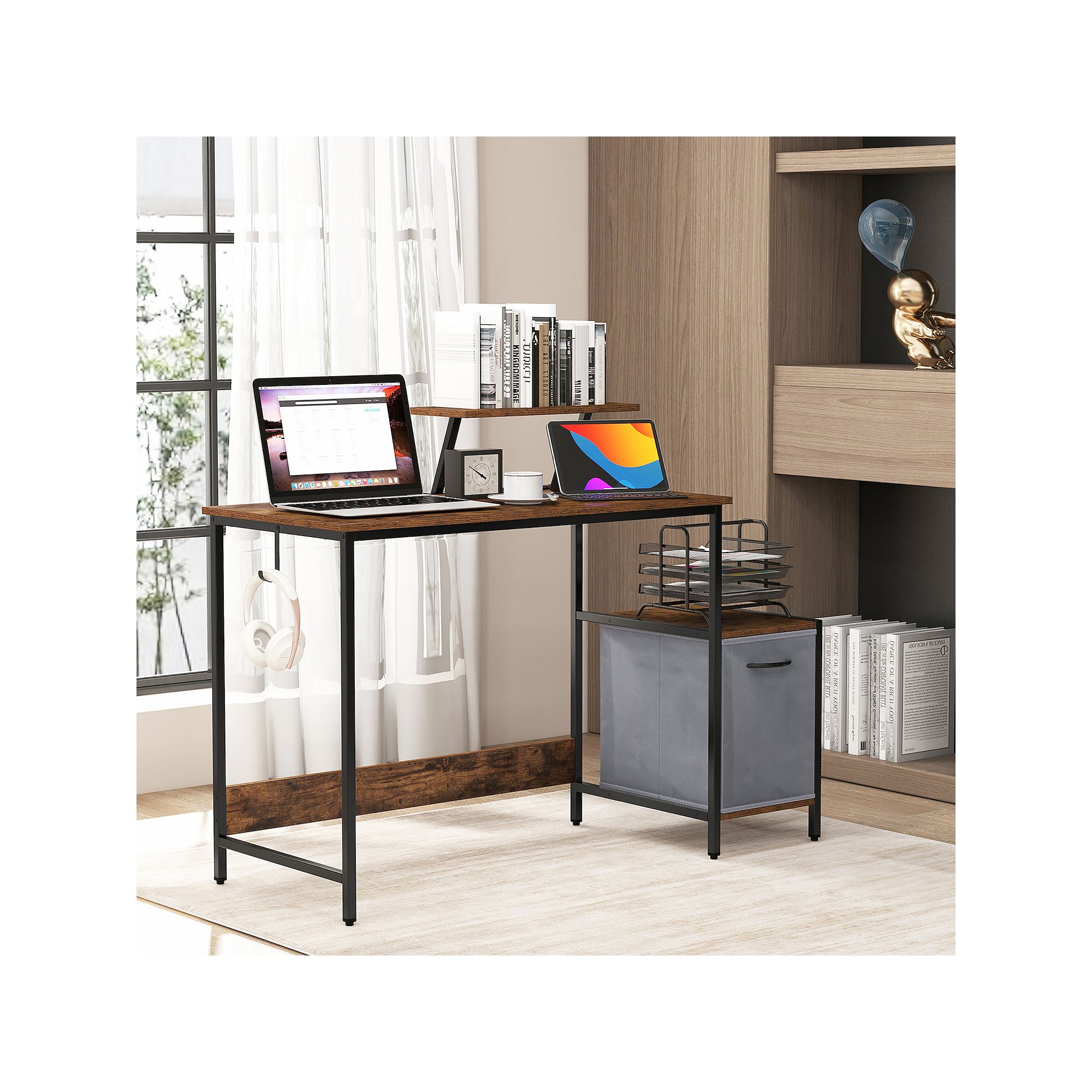 Wood and black computer desk with gray fabric drawer charging station