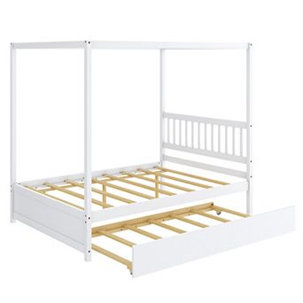 Gymax Canopy Bed with Trundle Wooden Platform Bed Frame Headboard