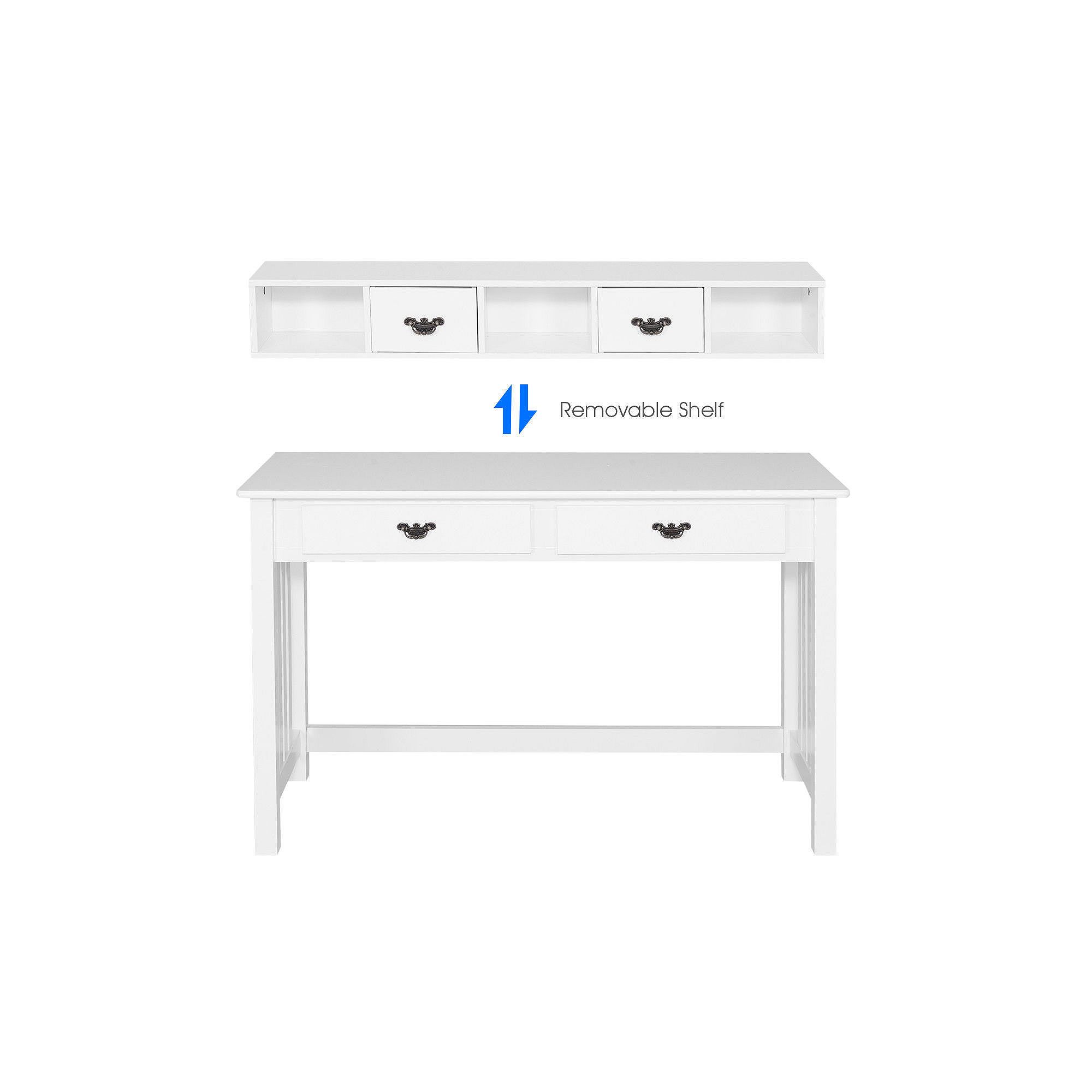 White desk with removable hutch shown above open tabletop