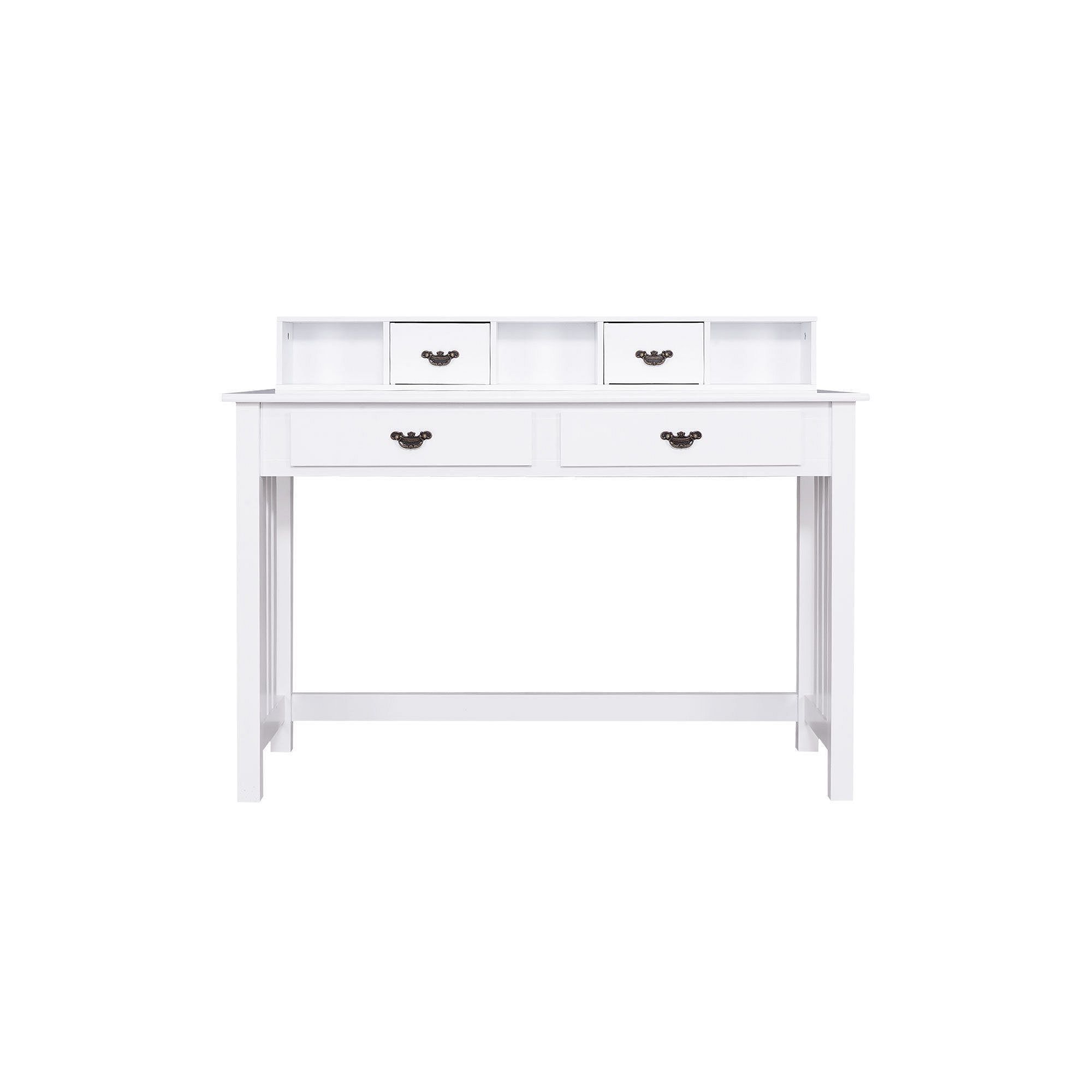 Front view of white writing desk with drawers and removable hutch