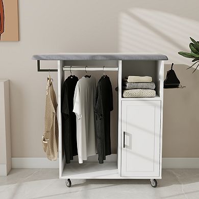 Rolling Ironing Bathroom Cabinet with Foldable Ironing Board and Storage Shelves