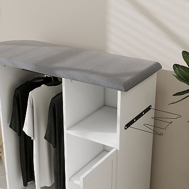 Rolling Ironing Bathroom Cabinet with Foldable Ironing Board and Storage Shelves