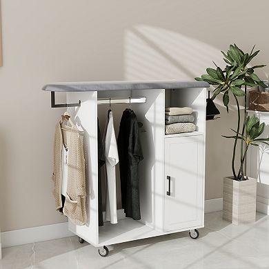 Rolling Ironing Bathroom Cabinet with Foldable Ironing Board and Storage Shelves