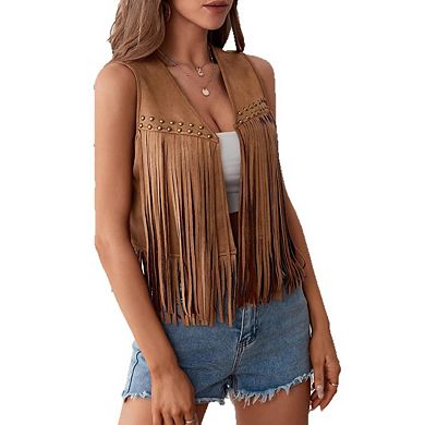 Womens Sleeveless Vest V Neck Fringe Trim Open Front Casual Tops