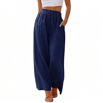Womens Wide Leg Elastic Waist Drawstring Lightweight Side Pockets Relaxed Casual Pants