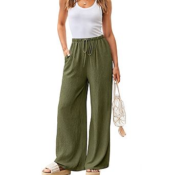 Womens Wide Leg Elastic Waist Drawstring Lightweight Side Pockets Relaxed Casual Pants