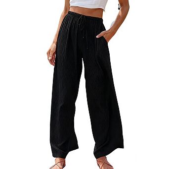 Womens Wide Leg Elastic Waist Drawstring Lightweight Side Pockets Relaxed Casual Pants