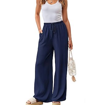 Womens Wide Leg Elastic Waist Drawstring Lightweight Side Pockets Relaxed Casual Pants